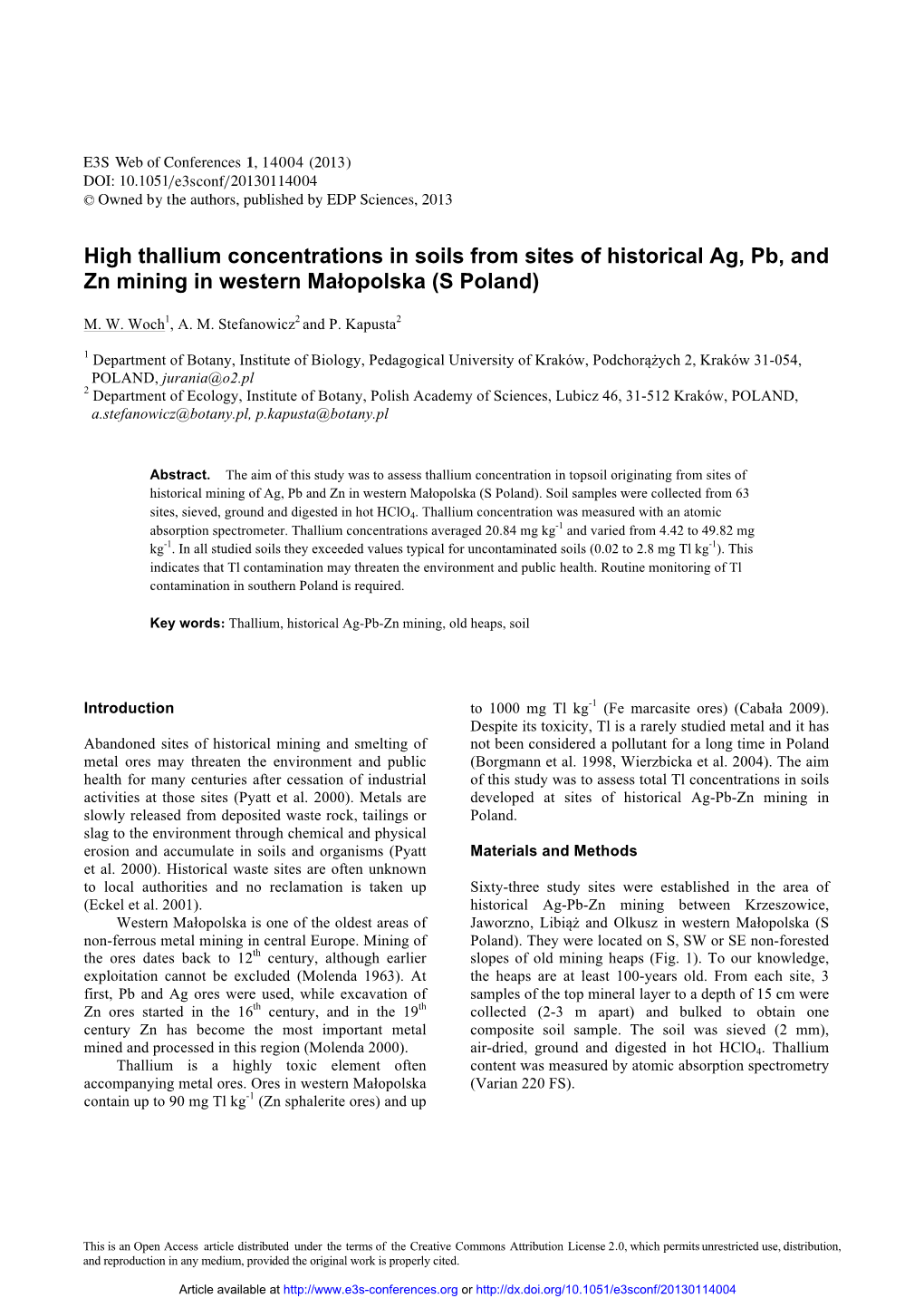 High Thallium Concentrations in Soils from Sites of Historical Ag, Pb, and Zn Mining in Western Małopolska \(S Poland\)