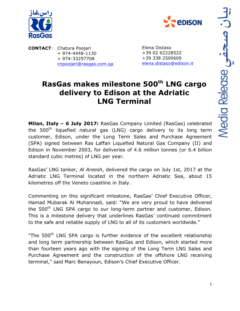 Rasgas Makes Milestone 500Th LNG Cargo Delivery to Edison at the Adriatic LNG Terminal