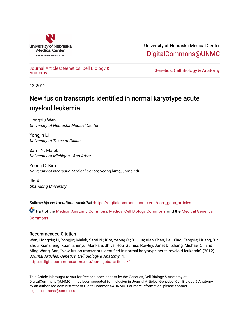 New Fusion Transcripts Identified in Normal Karyotype Acute Myeloid Leukemia