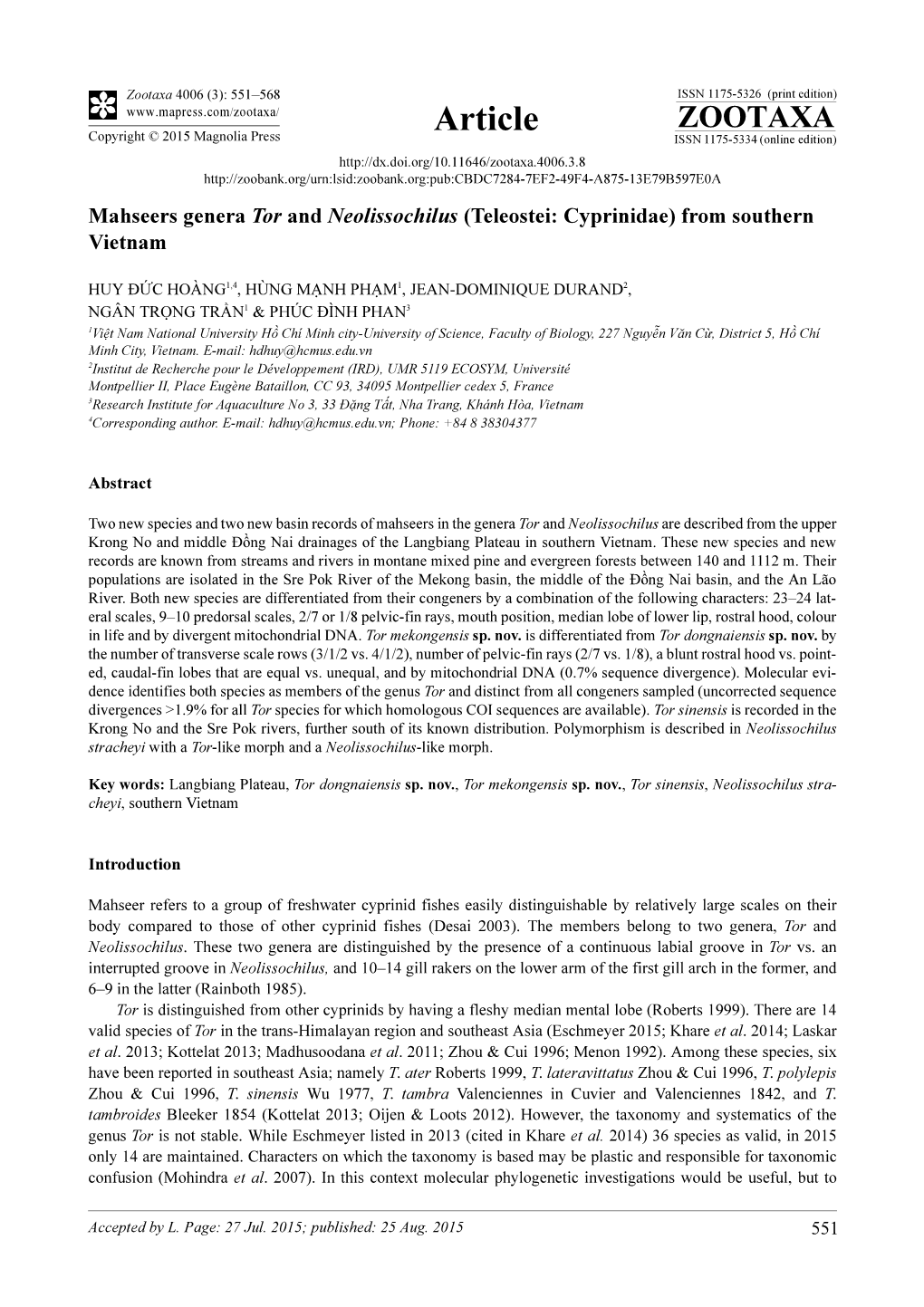 Mahseers Genera Tor and Neolissochilus (Teleostei: Cyprinidae) from Southern Vietnam