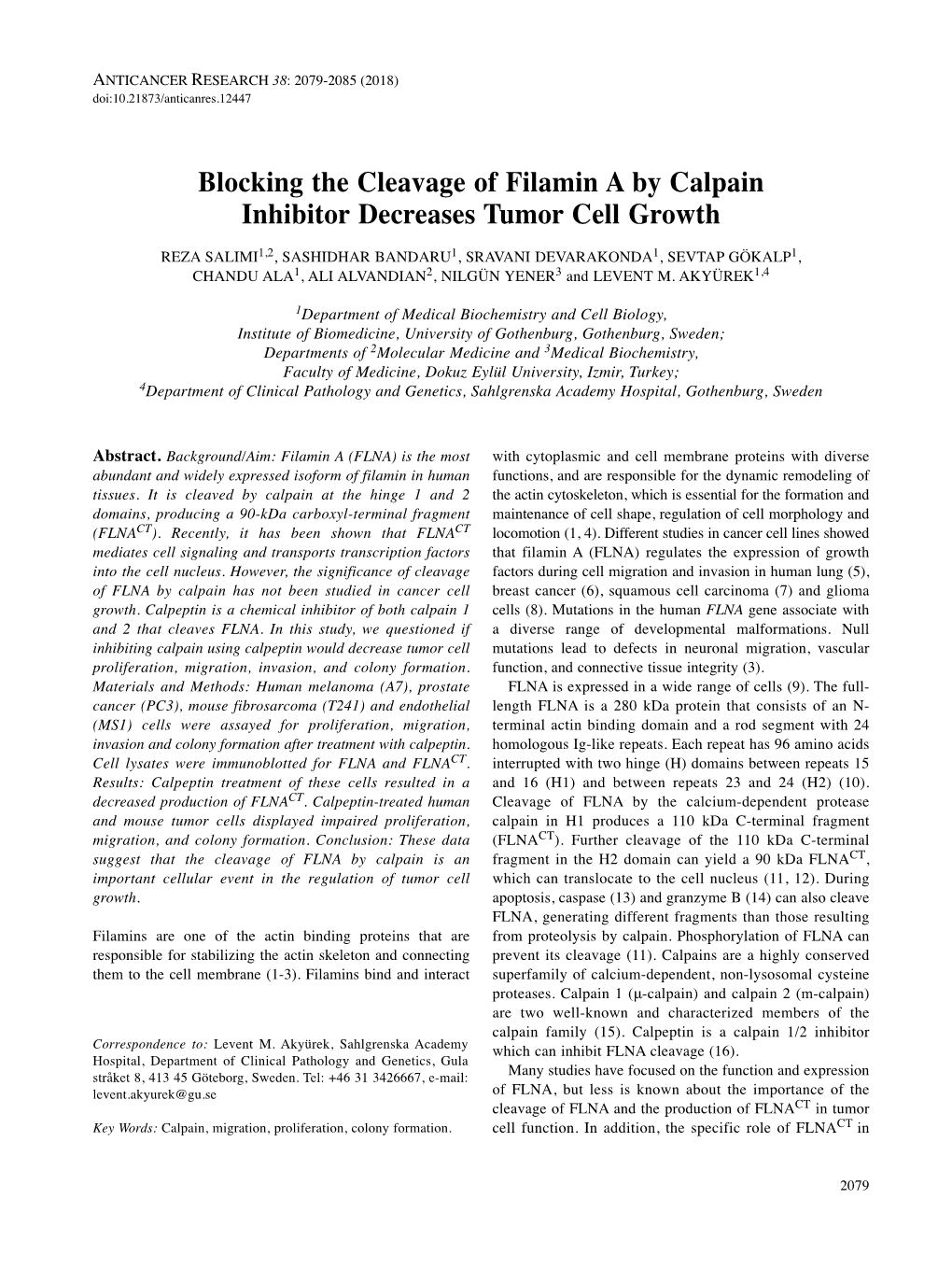 Blocking the Cleavage of Filamin a by Calpain Inhibitor Decreases Tumor