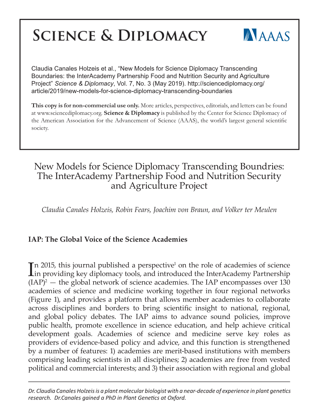 New Models for Science Diplomacy Transcending Boundaries: the Interacademy Partnership Food and Nutrition Security and Agriculture Project” Science & Diplomacy, Vol