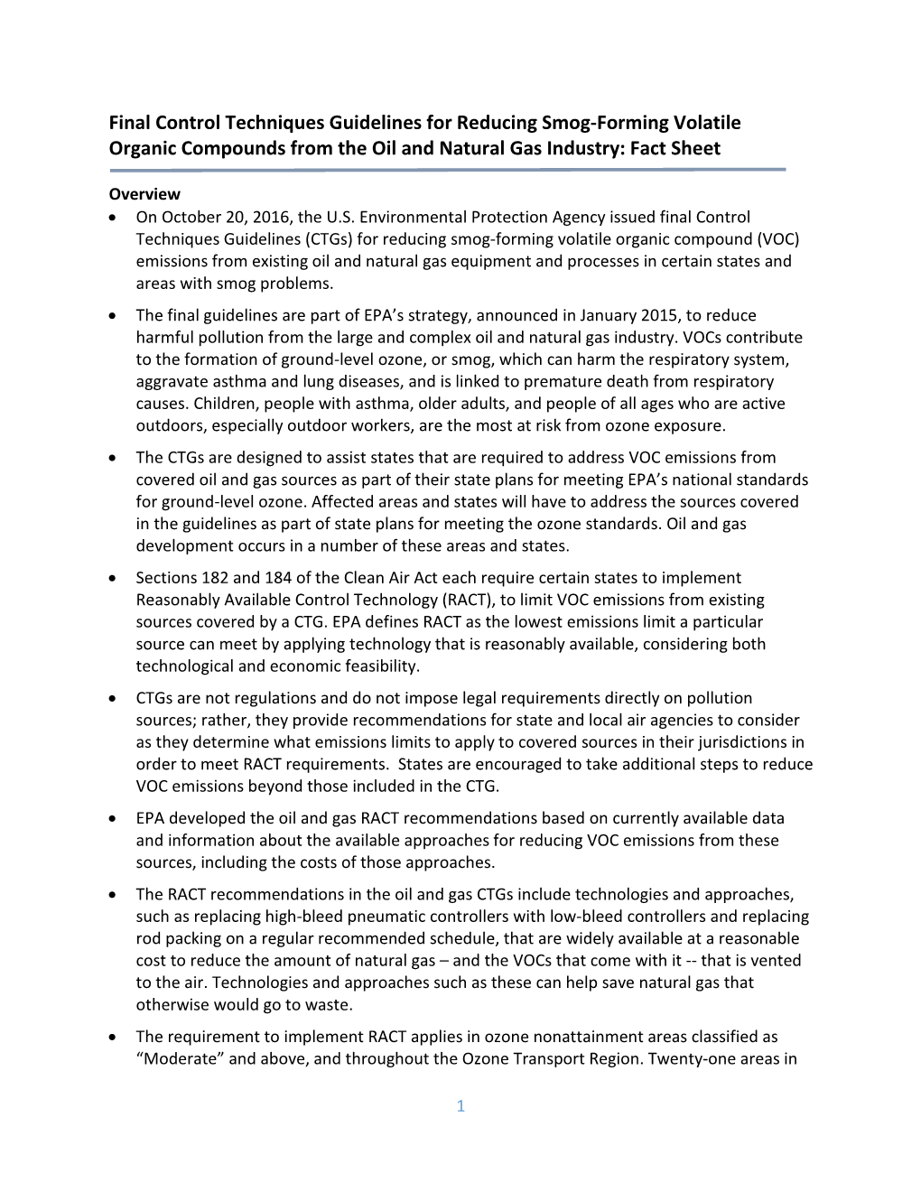 Final Control Techniques Guidelines for Reducing Smog-Forming Volatile Organic Compounds from the Oil and Natural Gas Industry: Fact Sheet