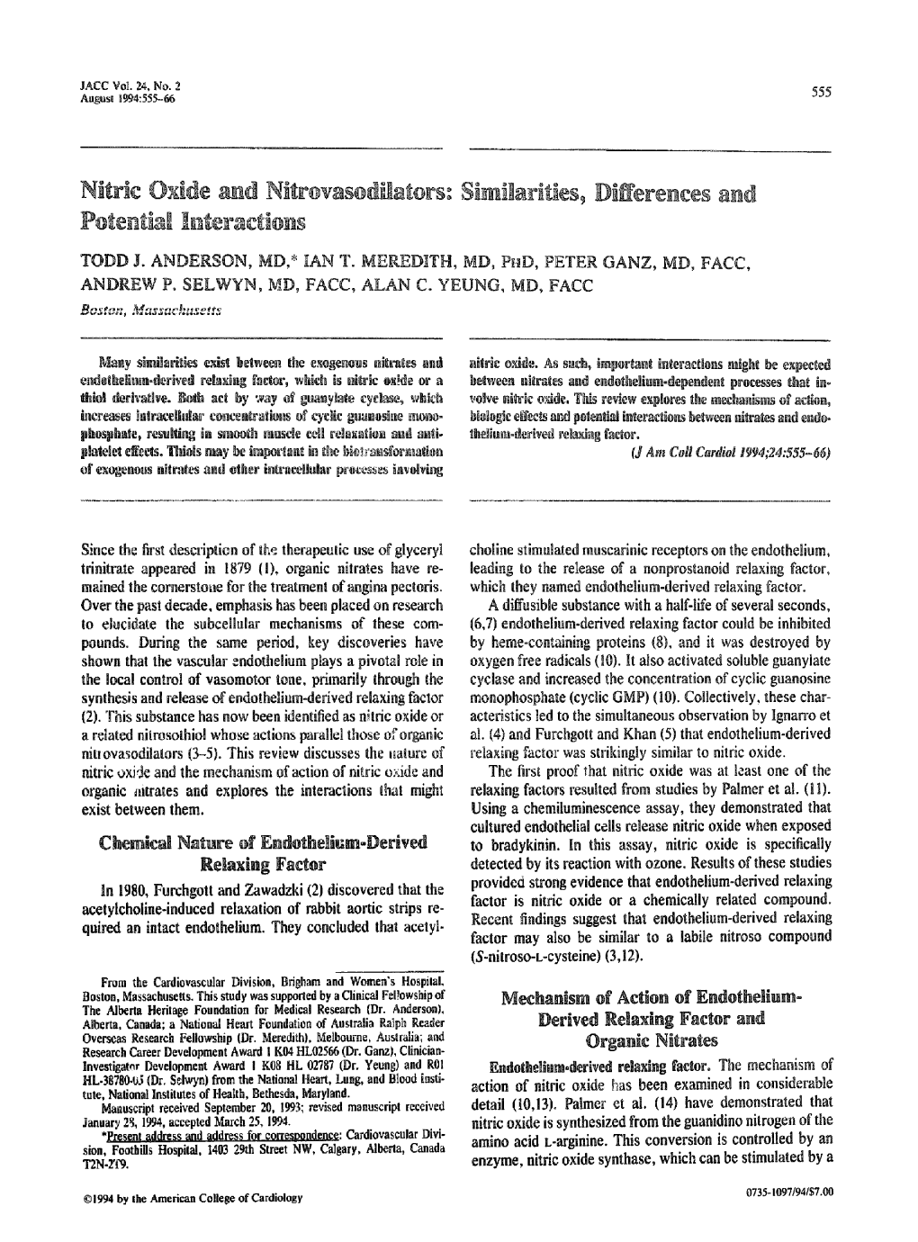 Nitric Oxide and Nitrovasodilators