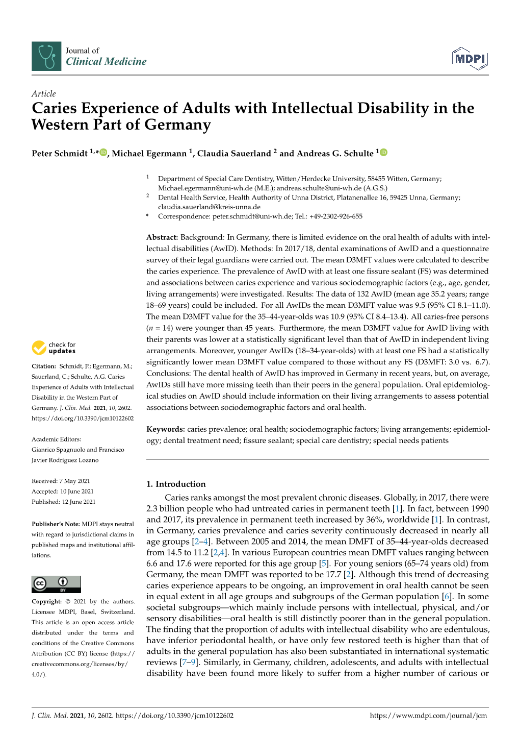 Caries Experience of Adults with Intellectual Disability in the Western Part of Germany