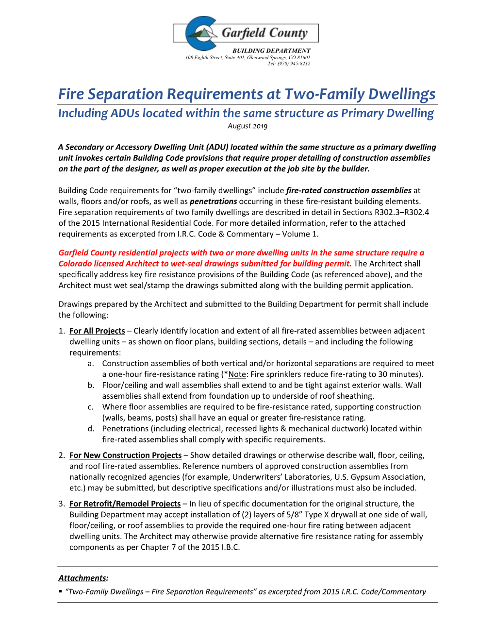 Fire Separation Requirements at Two-Family Dwellings Including Adus Located Within the Same Structure As Primary Dwelling August 2019