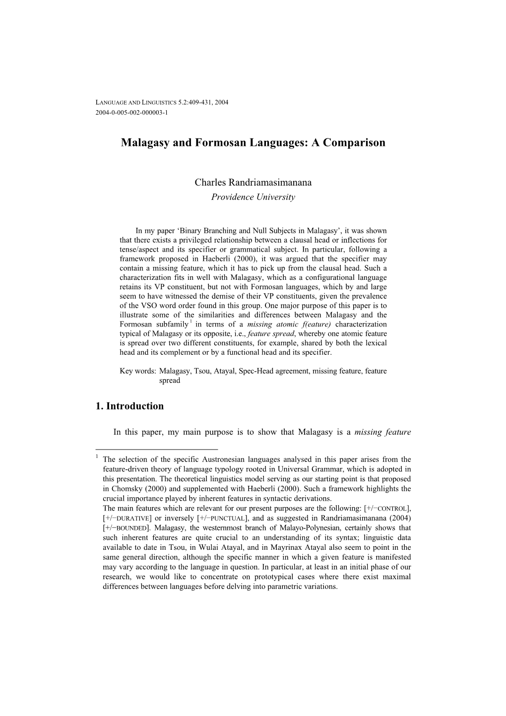 Malagasy and Formosan Languages: a Comparison