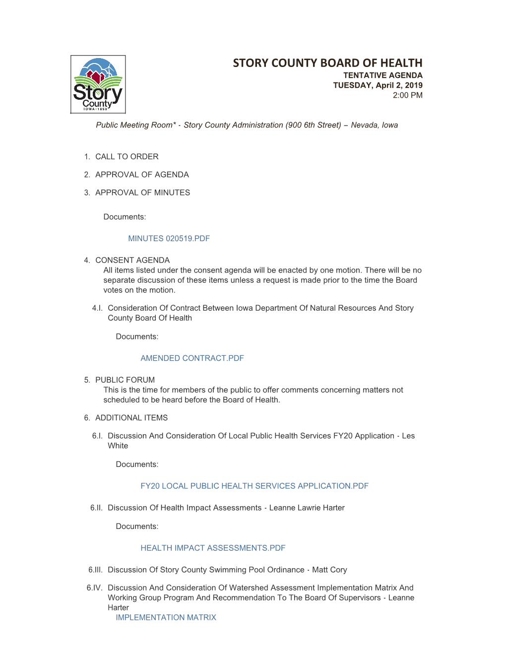 STORY COUNTY BOARD of HEALTH TENTATIVE AGENDA TUESDAY, April 2, 2019 2:00 PM