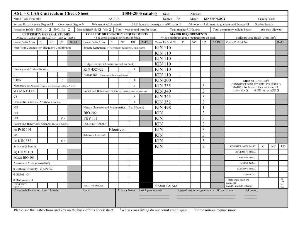 ASU CLAS Curriculum Check Sheet