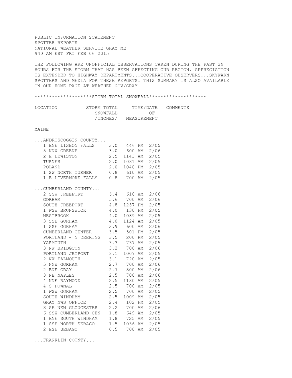 Public Information Statement Spotter Reports National Weather Service Gray Me 940 Am Est Fri Feb 06 2015