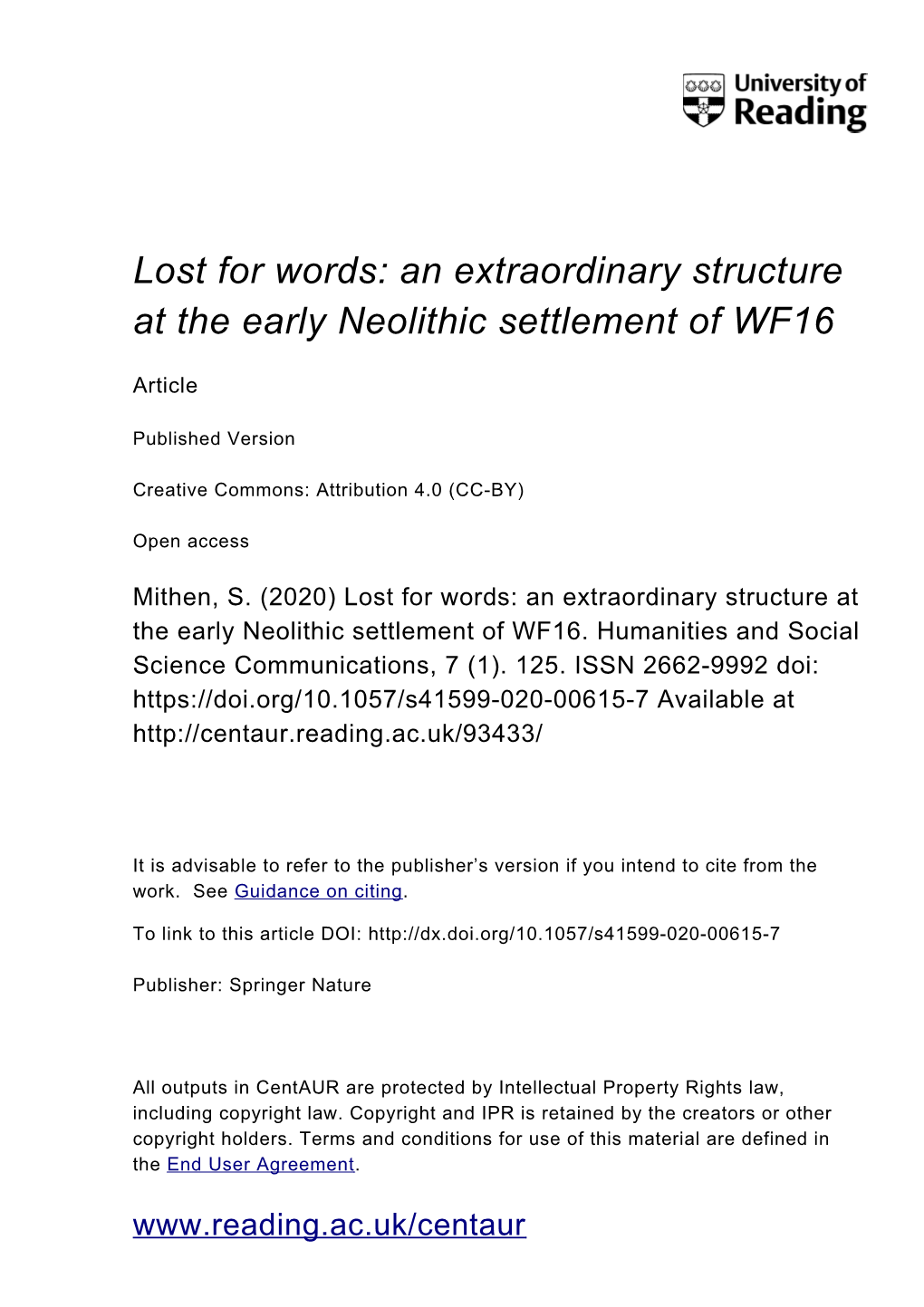 An Extraordinary Structure at the Early Neolithic Settlement of WF16