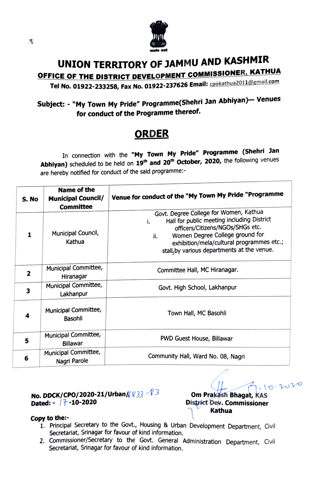 OFFICE of the Disstrict DEVELOPMENT Commissioner, KATHUA Tel No