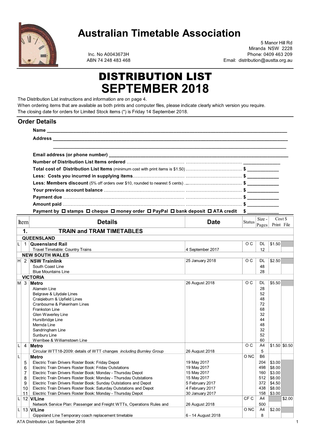 SEPTEMBER 2018 the Distribution List Instructions and Information Are on Page 4
