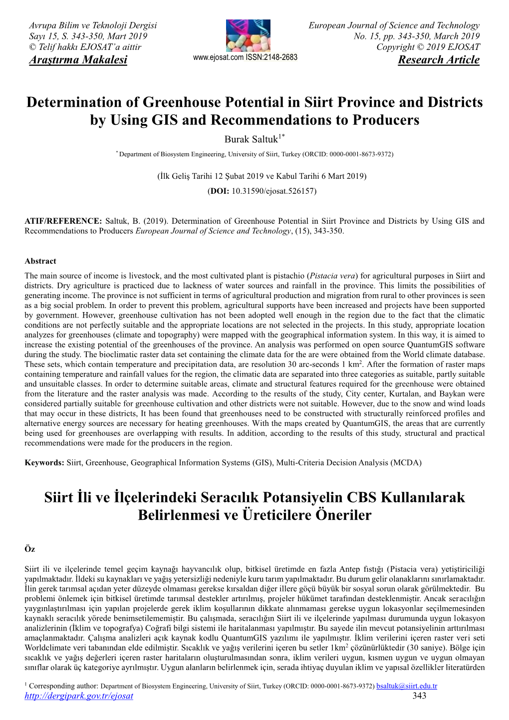 Determination of Greenhouse Potential in Siirt Province And