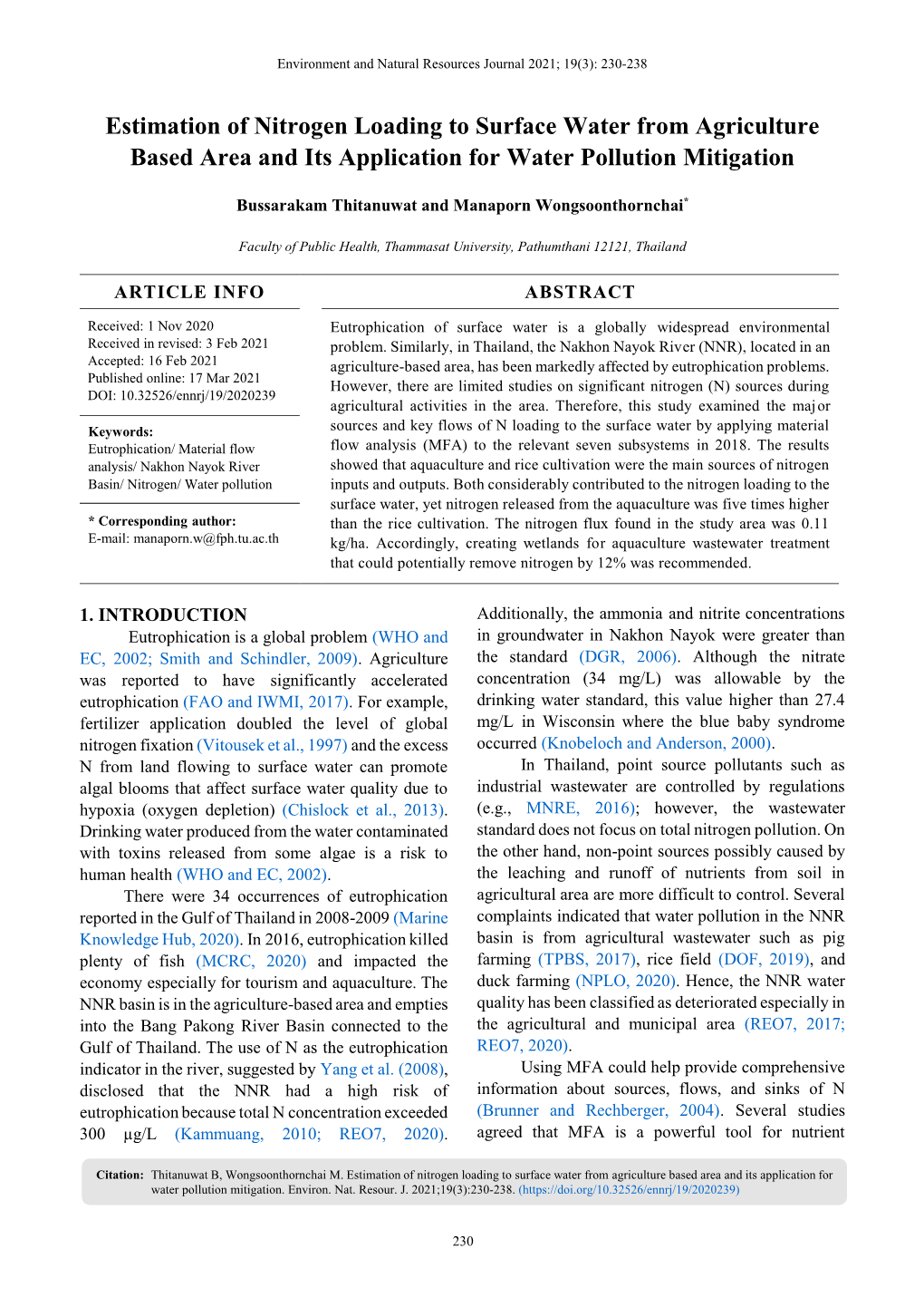 Estimation of Nitrogen Loading to Surface Water from Agriculture Based Area and Its Application for Water Pollution Mitigation