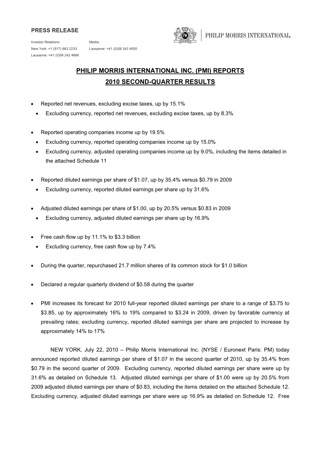 Pmi) Reports 2010 Second-Quarter Results