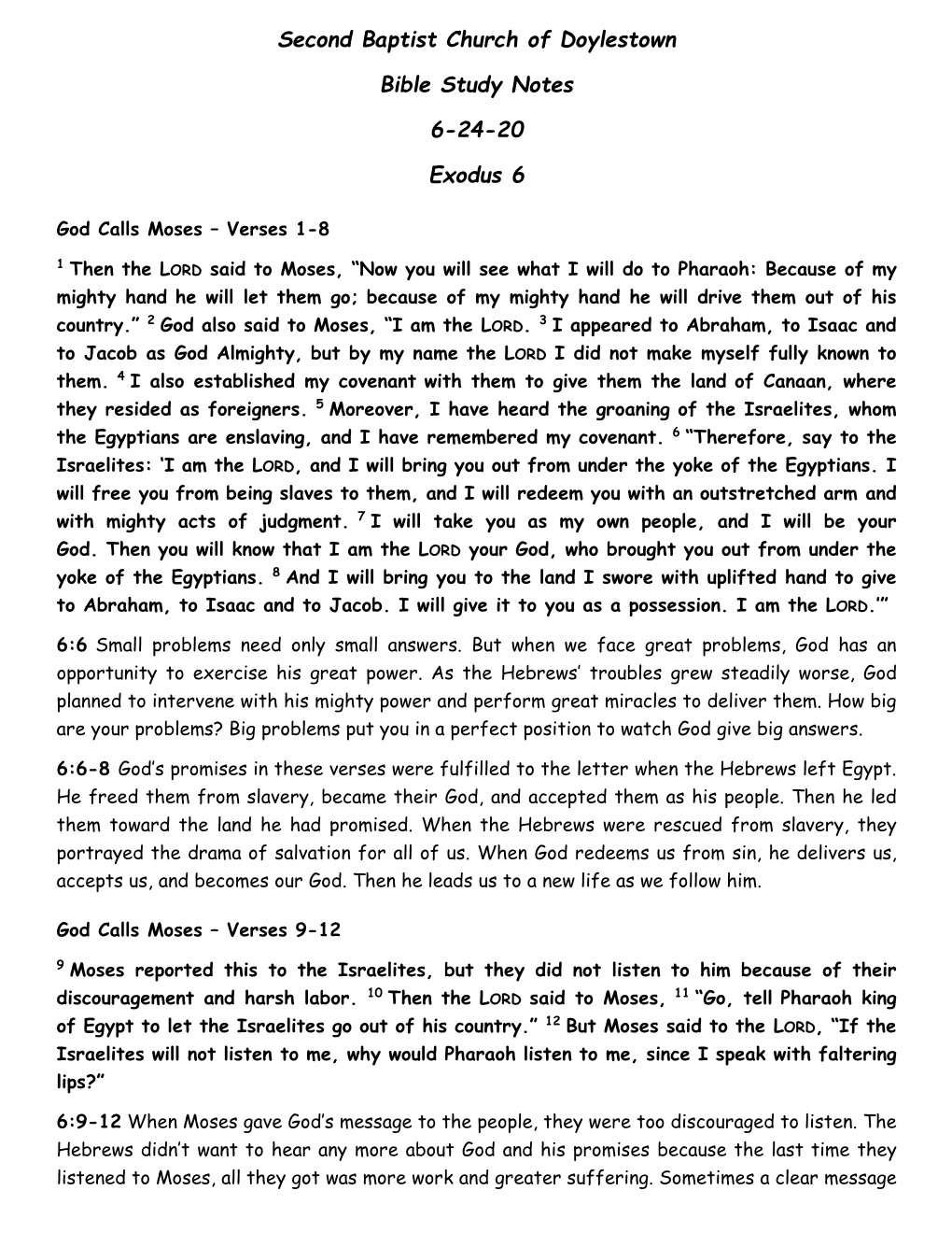 Second Baptist Church of Doylestown Bible Study Notes 6-24-20 Exodus 6