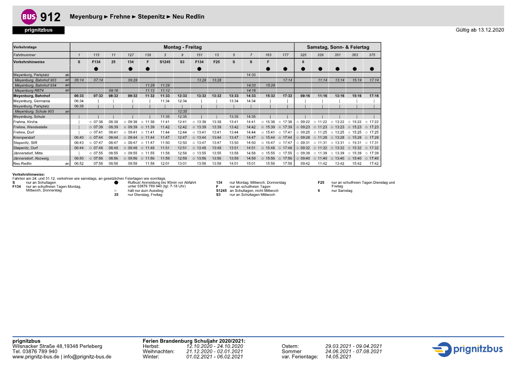 912 Meyenburg ÷ Frehne ÷ Stepenitz ÷ Neu Redlin Prignitzbus Gültig Ab 13.12.2020
