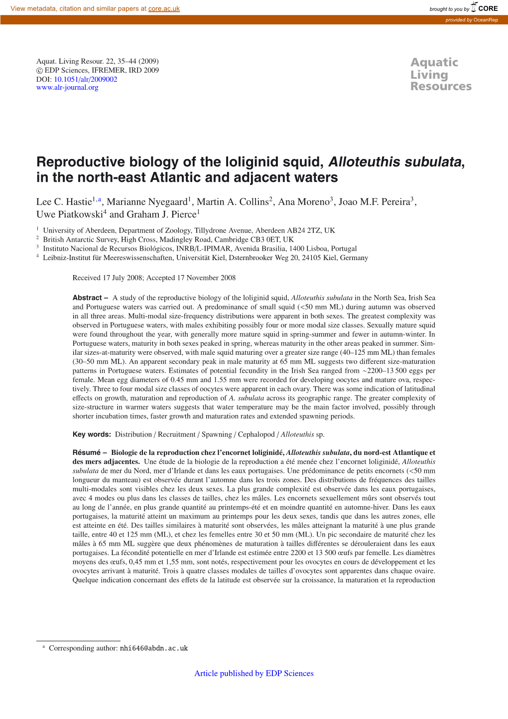 Reproductive Biology of the Loliginid Squid, Alloteuthis Subulata, in the North-East Atlantic and Adjacent Waters