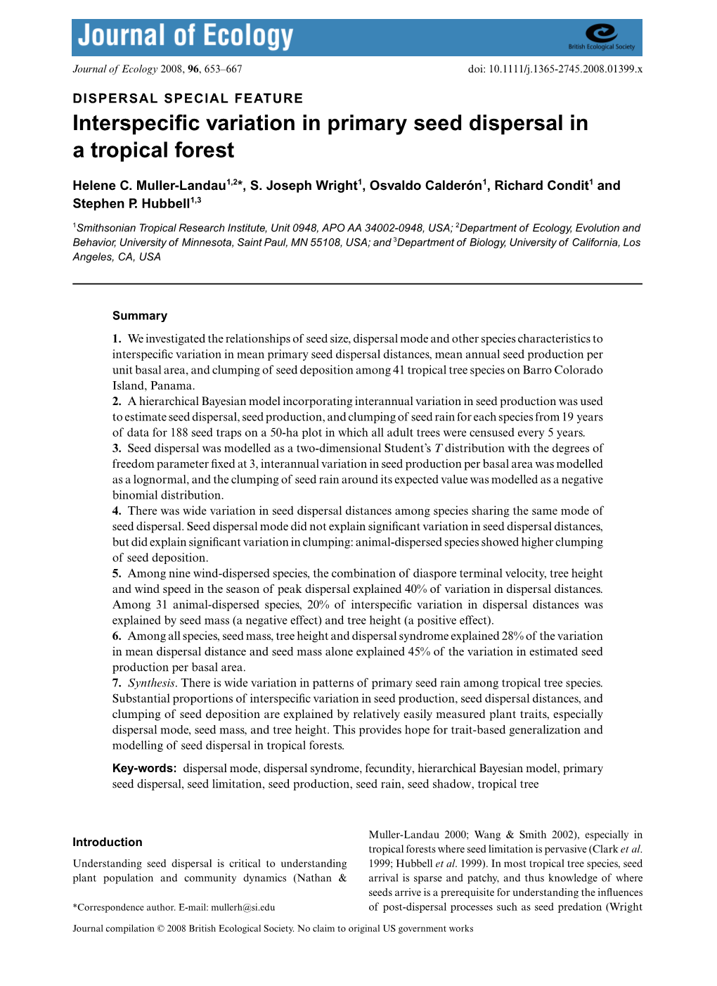 Interspecific Variation in Primary Seed Dispersal in a Tropical Forest