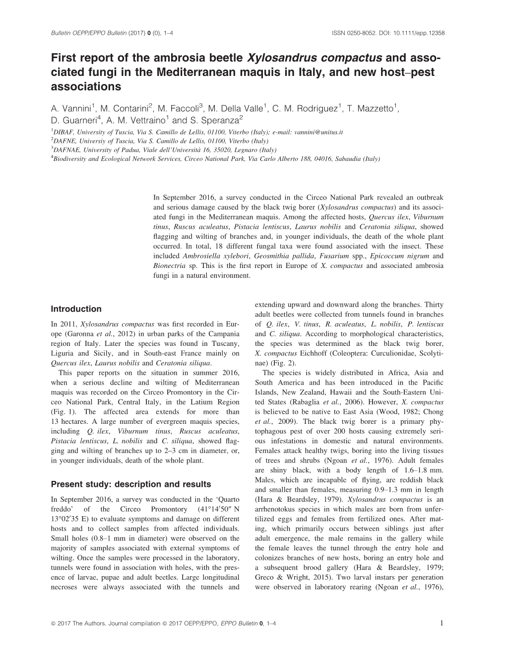 First Report of the Ambrosia Beetle Xylosandrus Compactus and Asso- Ciated Fungi in the Mediterranean Maquis in Italy, and New Host–Pest Associations