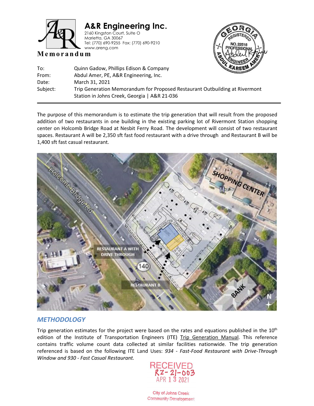 Trip Generation Memorandum for Proposed Restaurant Outbuilding at Rivermont Station in Johns Creek, Georgia | A&R 21-036