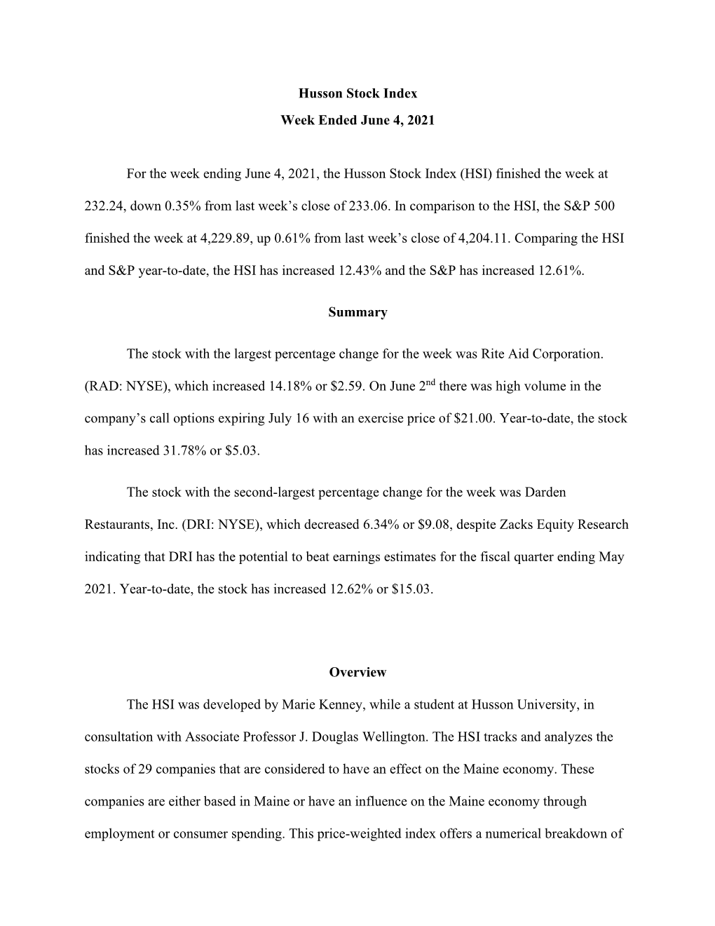 Husson Stock Index Week Ended June 4, 2021 for the Week Ending June 4, 2021, the Husson Stock Index (HSI) Finished the Week at 2