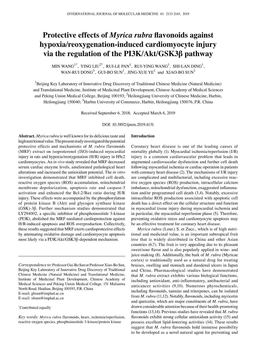 Protective Effects of Myrica Rubra Flavonoids Against Hypoxia/Reoxygenation-Induced Cardiomyocyte Injury Via the Regulation of the PI3K/Akt/Gsk3β Pathway