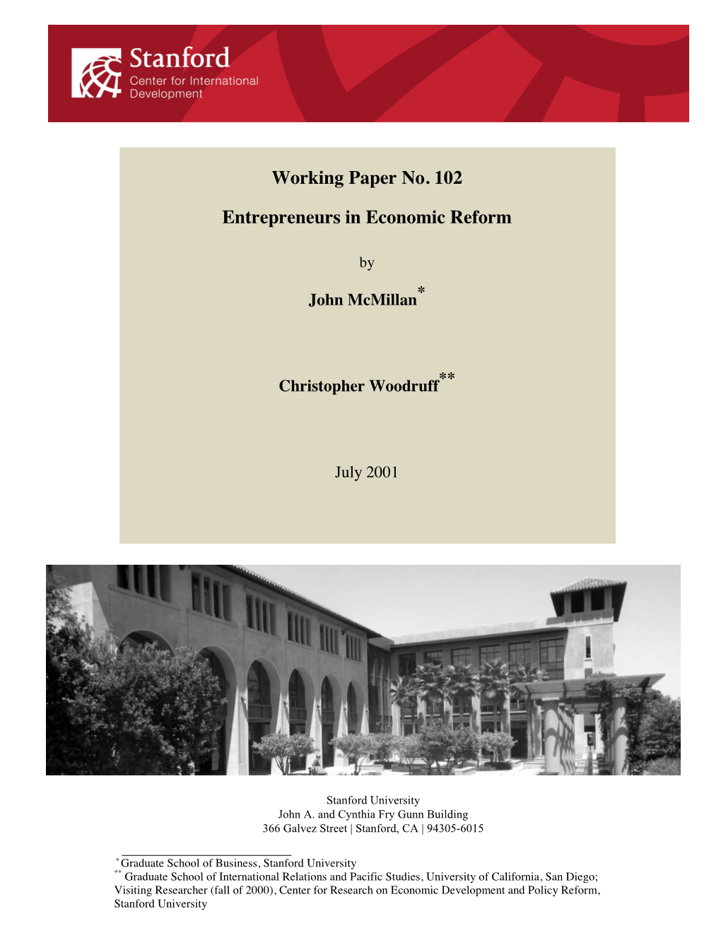 Working Paper No. 102 Entrepreneurs in Economic Reform