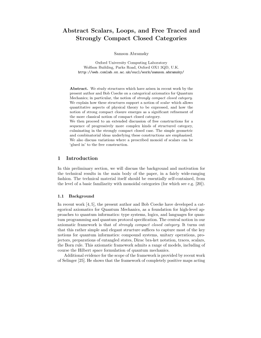 Abstract Scalars, Loops, and Free Traced and Strongly Compact Closed Categories