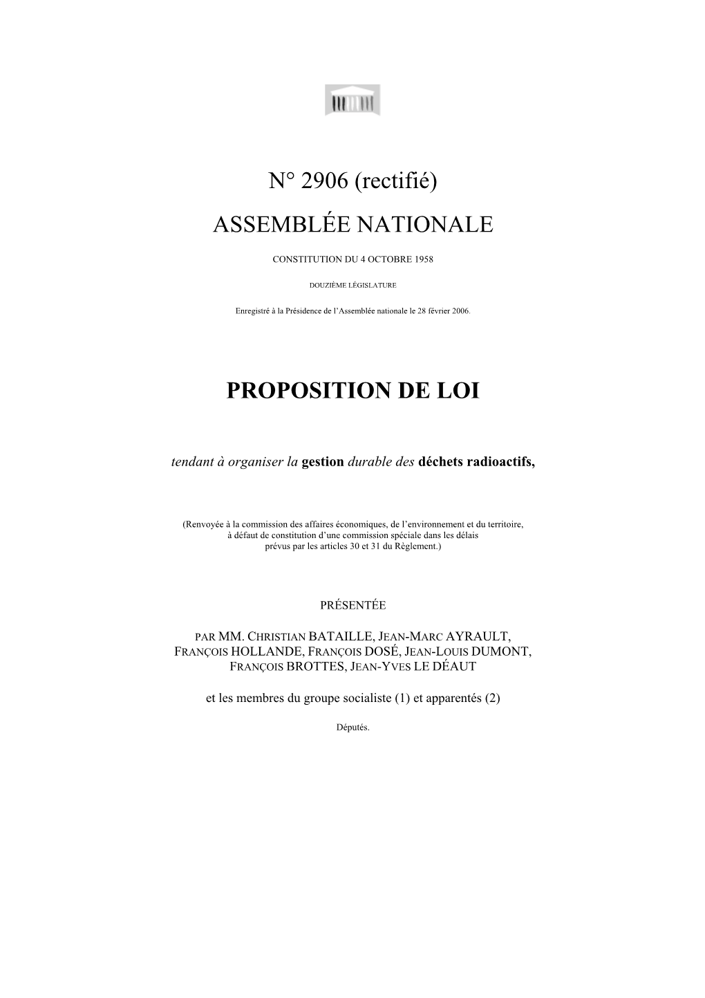 N° 2906 (Rectifié) ASSEMBLÉE NATIONALE PROPOSITION DE
