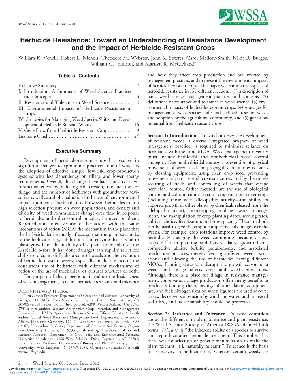 Herbicide Resistance: Toward an Understanding of Resistance Development and the Impact of Herbicide-Resistant Crops William K