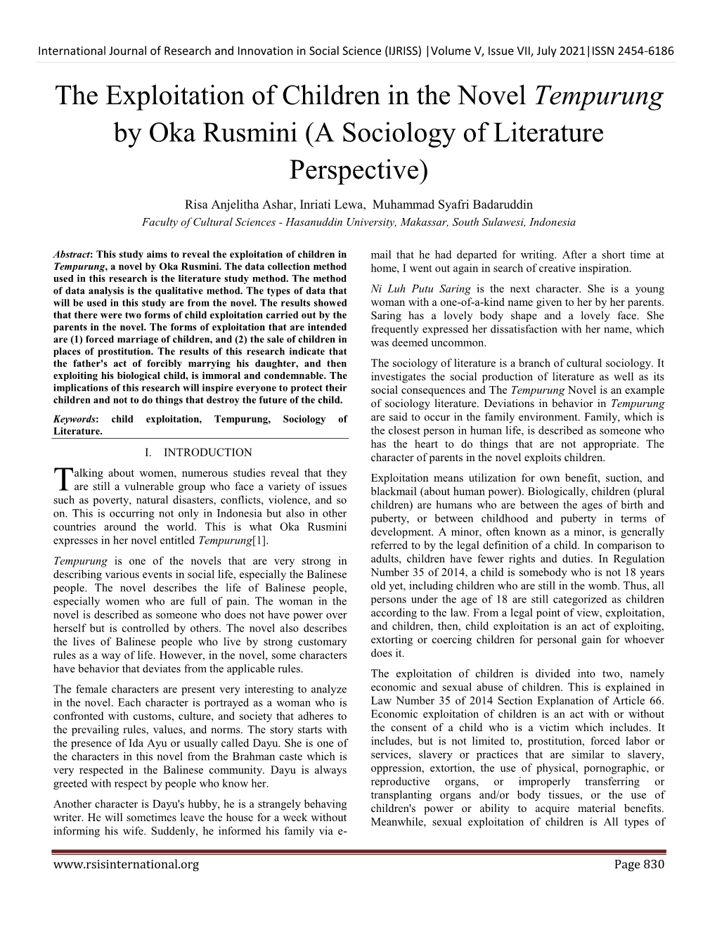 The Exploitation of Children in the Novel Tempurung by Oka Rusmini (A Sociology of Literature Perspective)