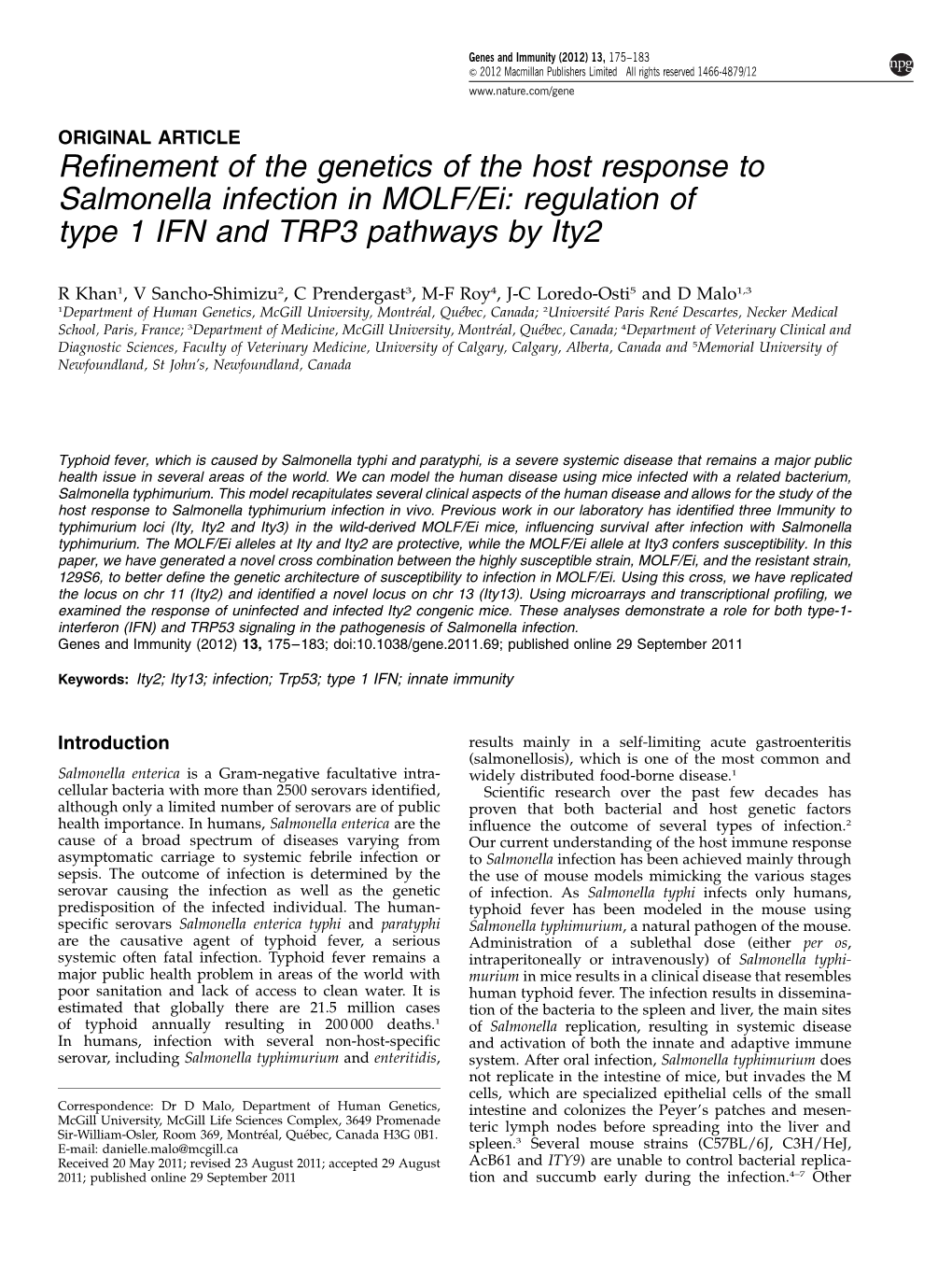 Refinement of the Genetics of the Host Response to Salmonella Infection in MOLF/Ei: Regulation of Type 1 IFN and TRP3 Pathways by Ity2