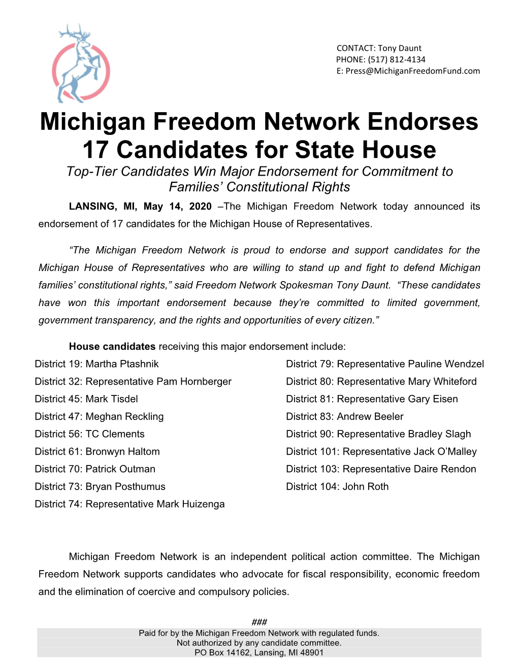 Michigan Freedom Network Endorses 17 Candidates for State House Top-Tier Candidates Win Major Endorsement for Commitment to Families’ Constitutional Rights