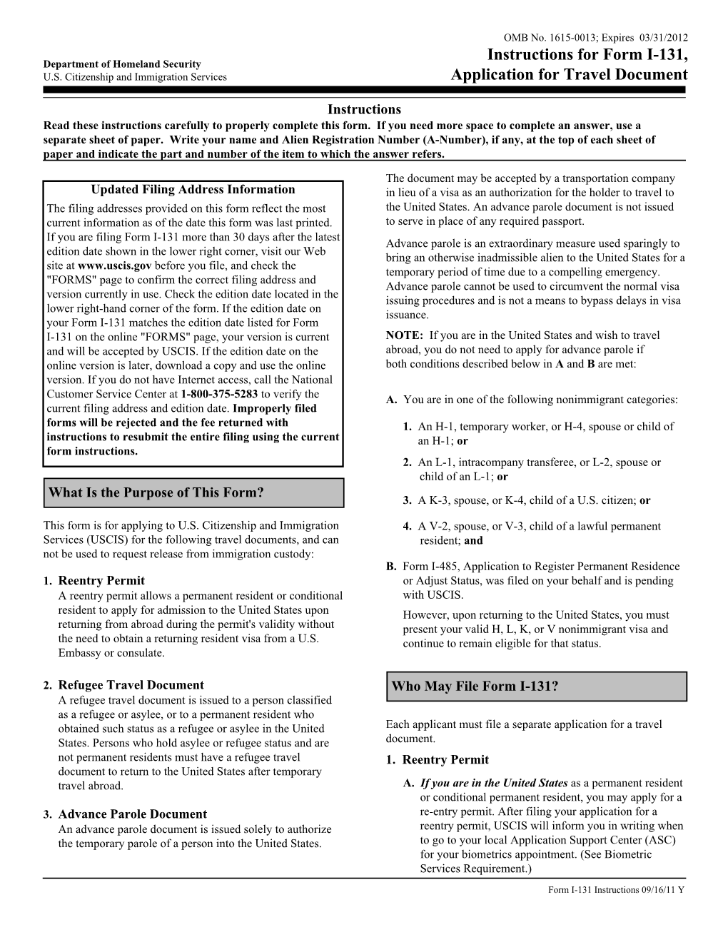 Instructions for Form I-131, Application for Travel Document