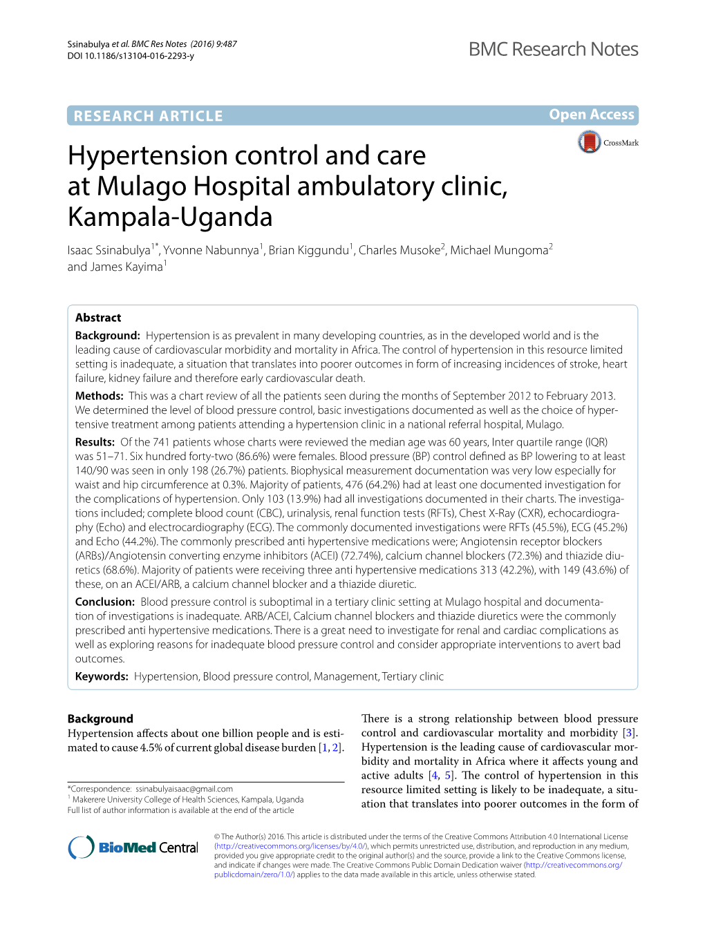 Hypertension Control and Care at Mulago Hospital Ambulatory Clinic