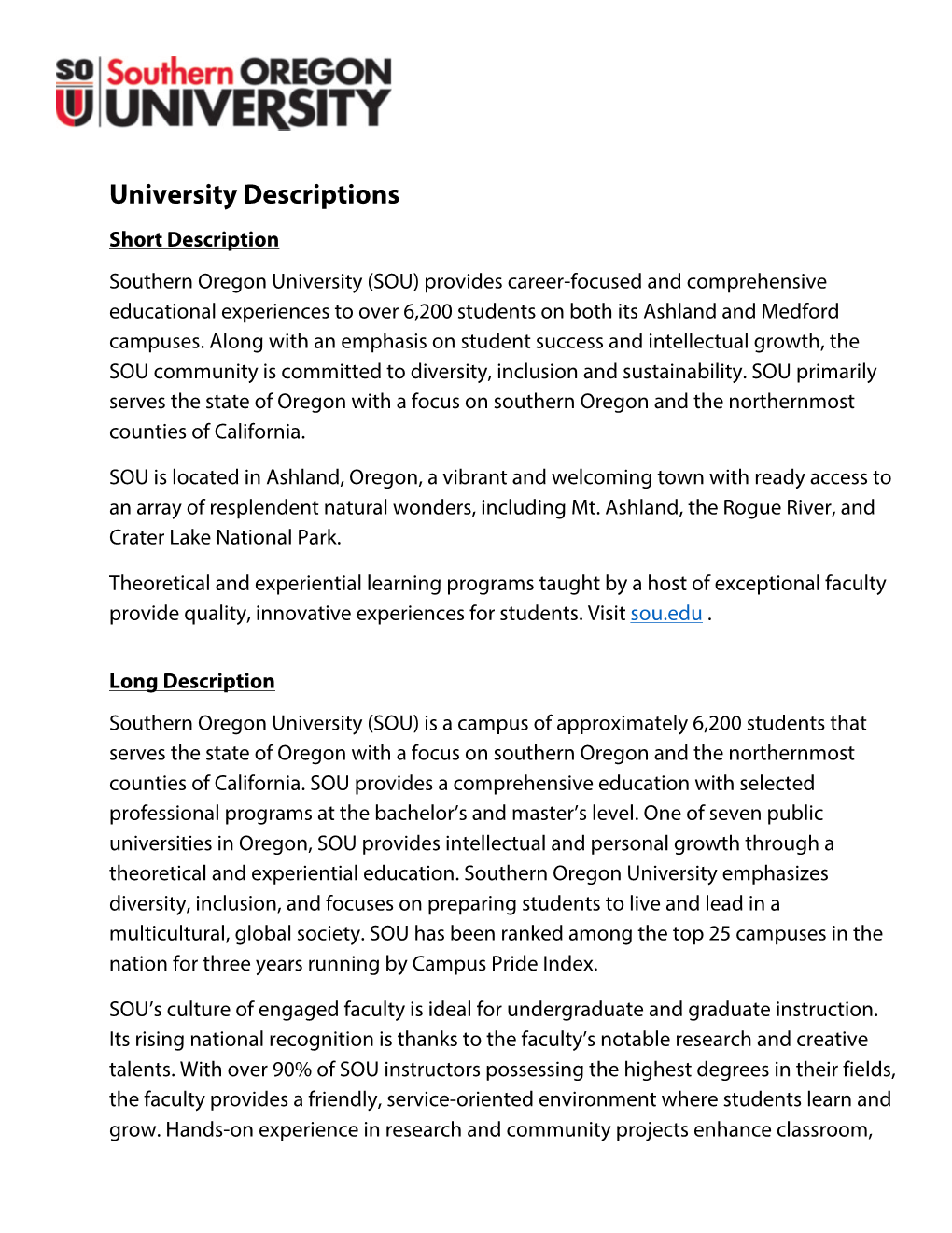 SOU University Descriptions