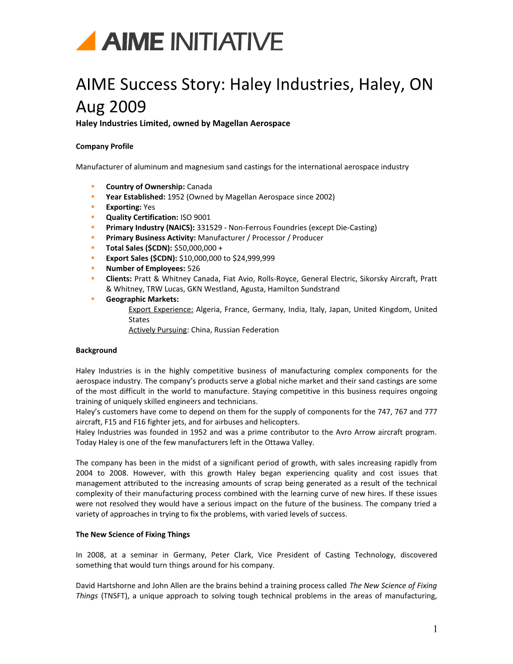 YLF AIME Success Story: Haley Industries, Haley, ON