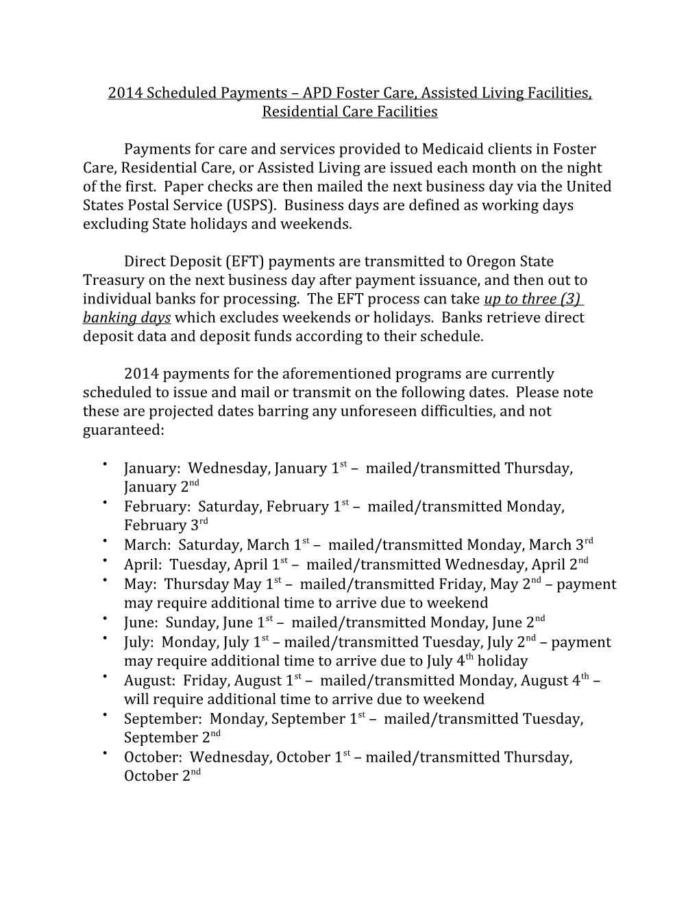 2014 Scheduled Payments APD Foster Care, Assisted Living Facilities, Residential Care Facilities