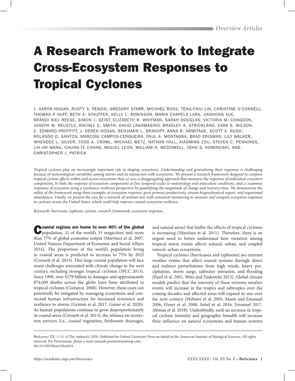 A Research Framework to Integrate Cross-Ecosystem Responses to Tropical Cyclones