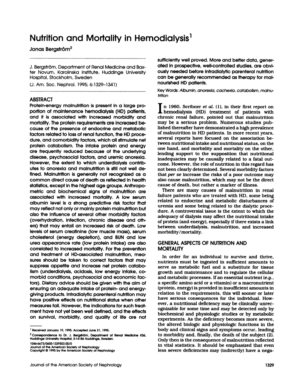 Nutrition and Mortality in Hemodialysis1