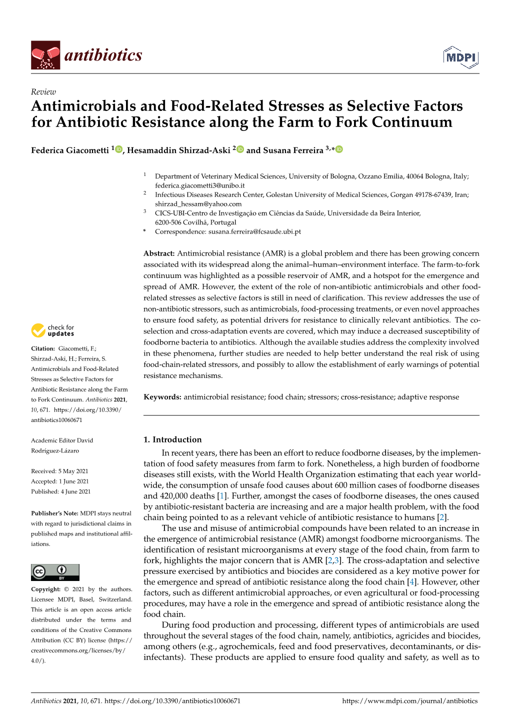 Antimicrobials and Food-Related Stresses As Selective Factors for Antibiotic Resistance Along the Farm to Fork Continuum