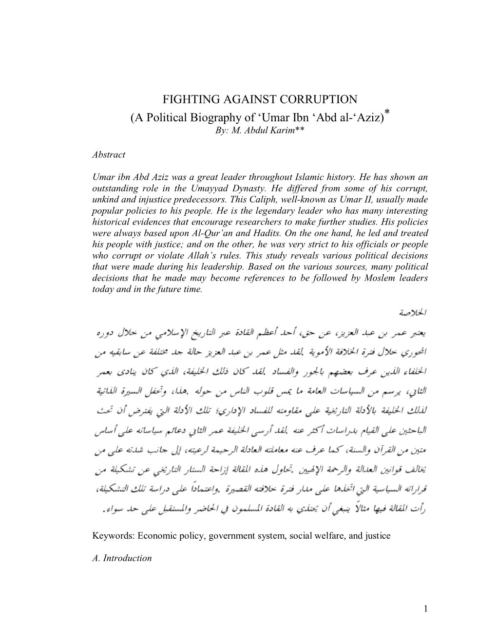 FIGHTING AGAINST CORRUPTION (A Political Biography of ‘Umar Ibn ‘Abd Al-‘Aziz)* By: M