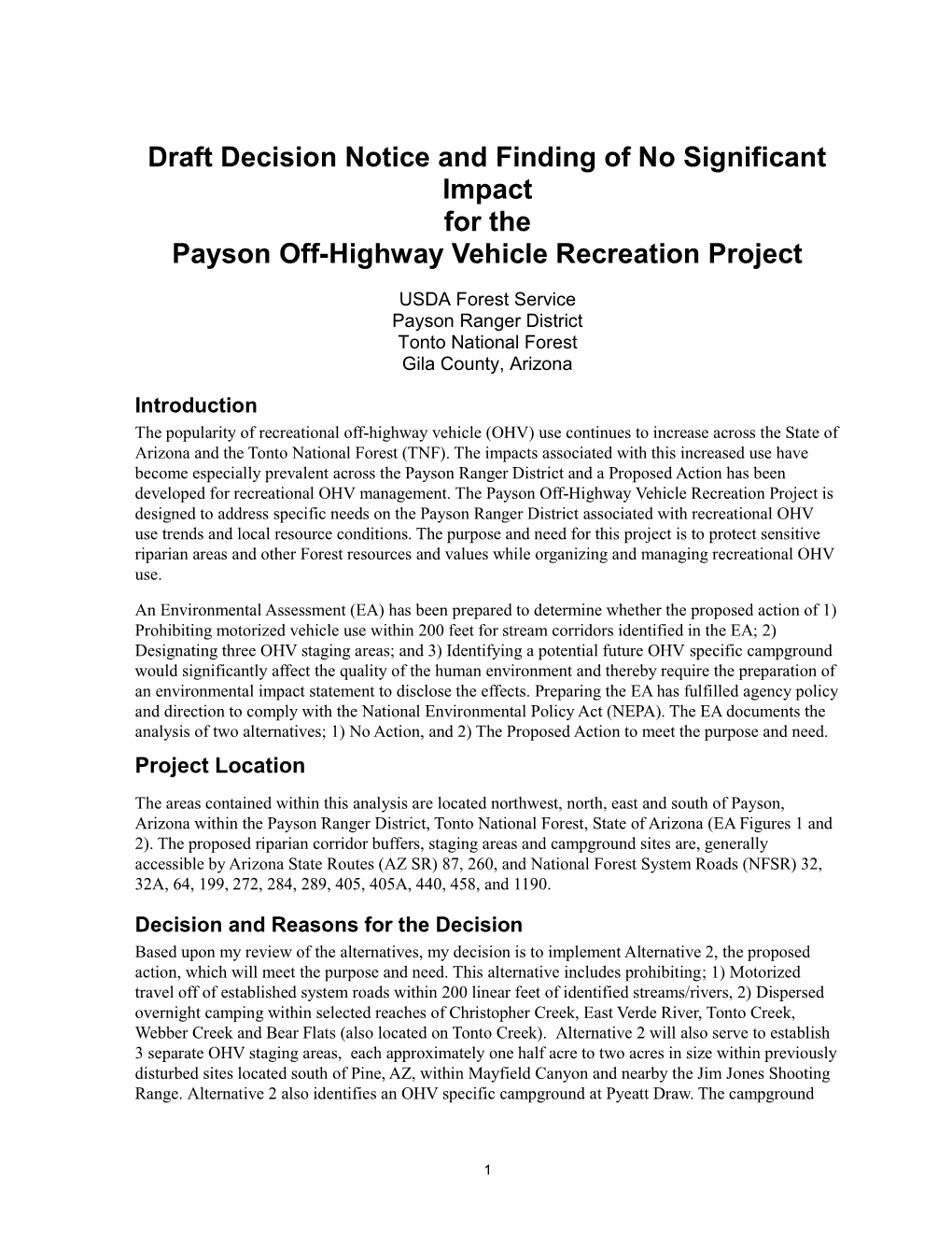Draft Decision Notice and Finding of No Significant Impact for the Payson Off-Highway Vehicle Recreation Project