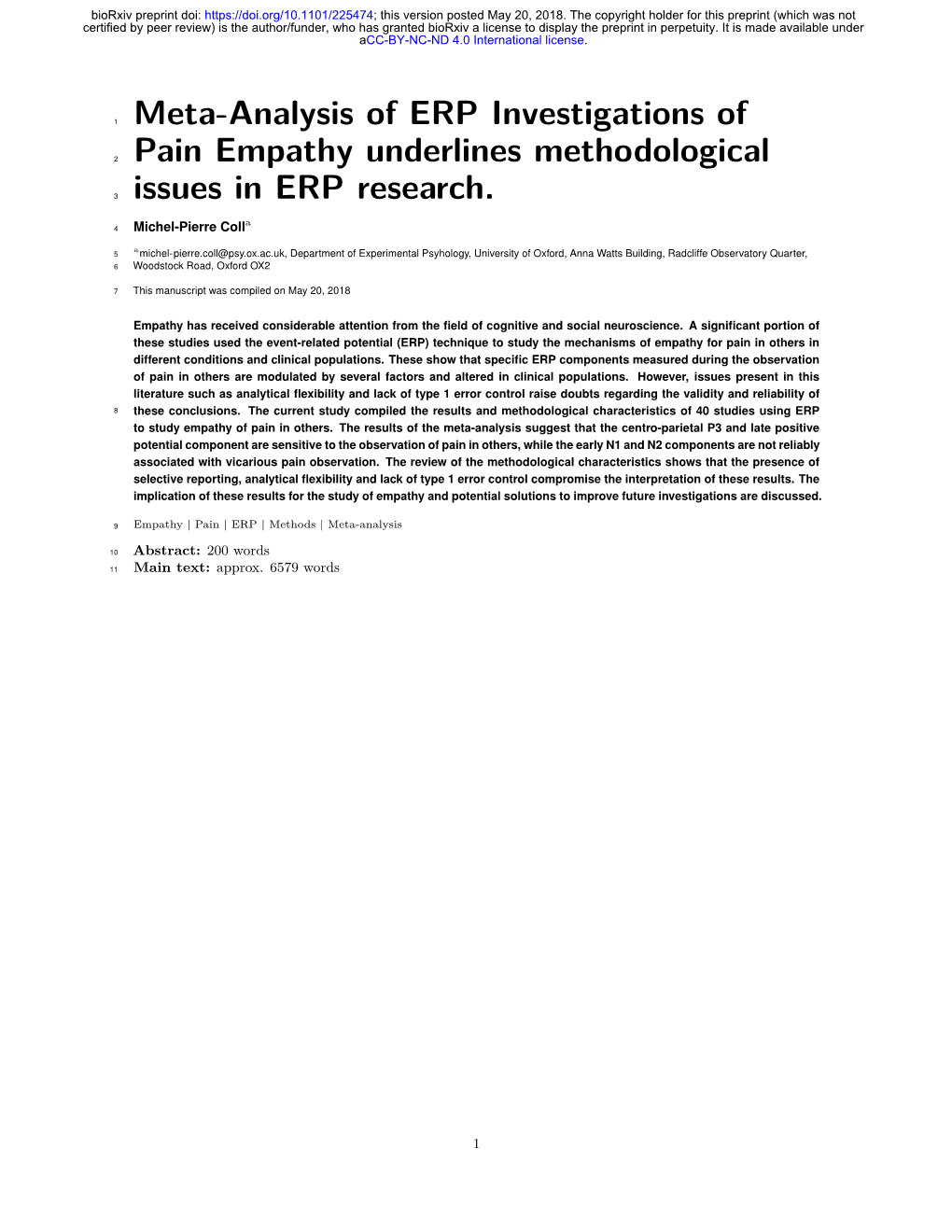 Meta-Analysis of ERP Investigations of Pain Empathy Underlines