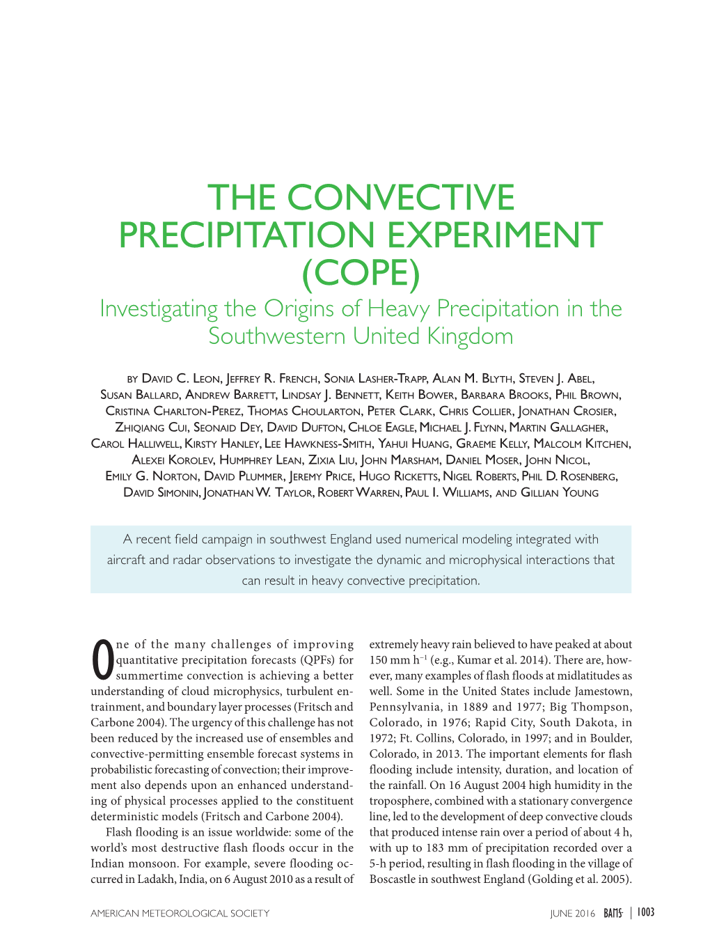 THE CONVECTIVE PRECIPITATION EXPERIMENT (COPE) Investigating the Origins of Heavy Precipitation in the Southwestern United Kingdom