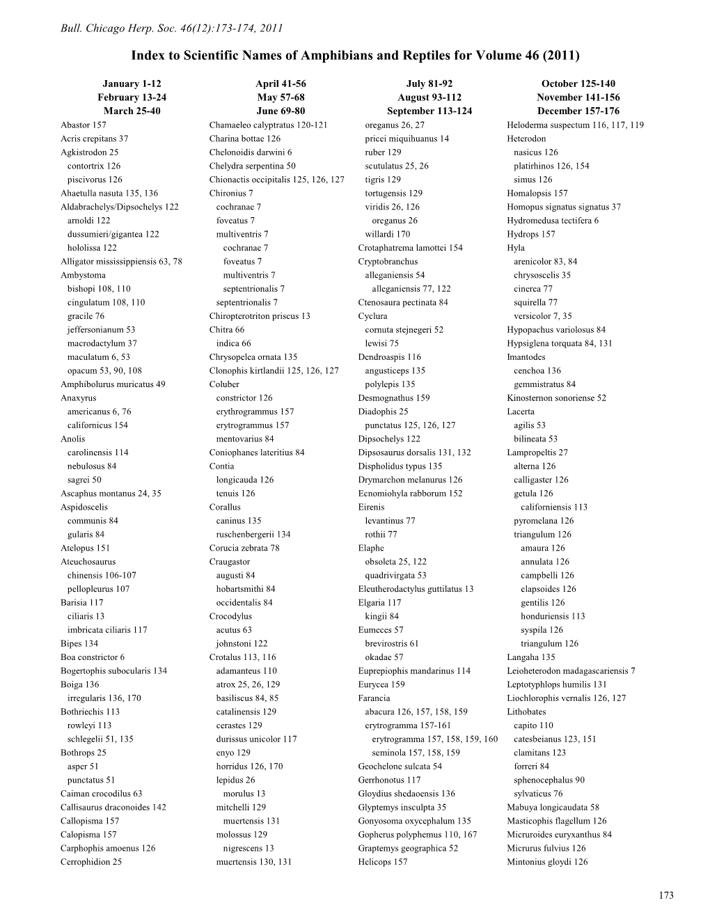 Index to Scientific Names of Amphibians and Reptiles for Volume 46 (2011)