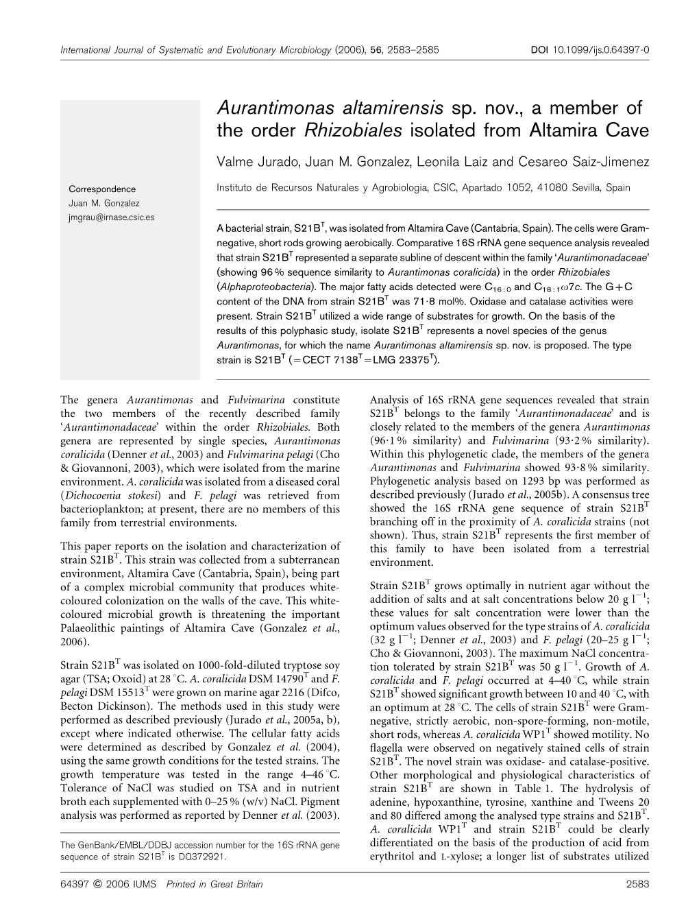 Aurantimonas Altamirensis Sp. Nov., a Member of the Order Rhizobiales Isolated from Altamira Cave