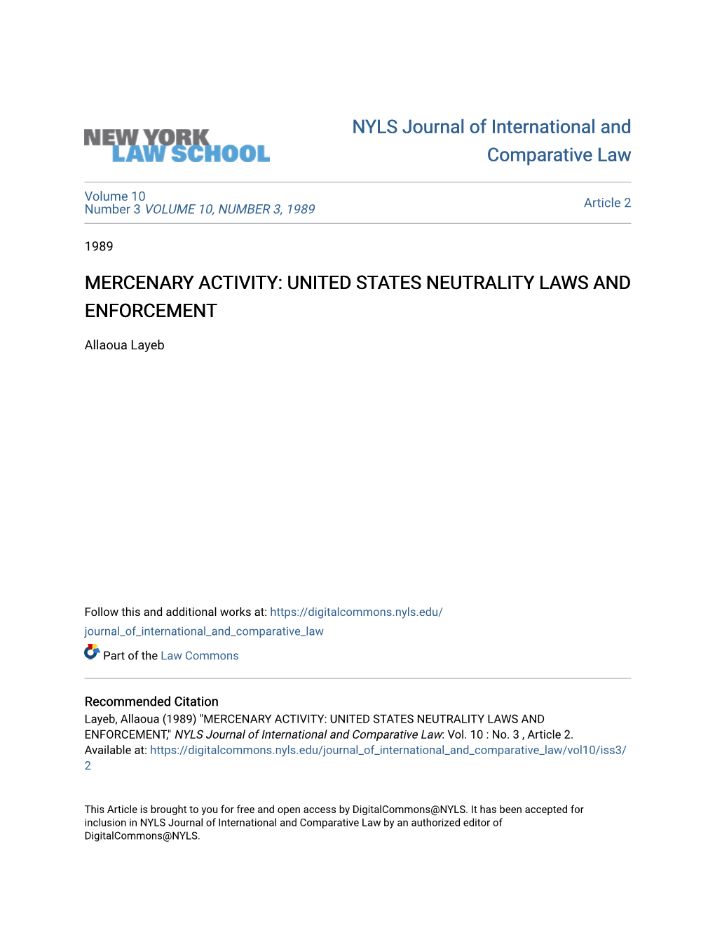 Mercenary Activity: United States Neutrality Laws and Enforcement